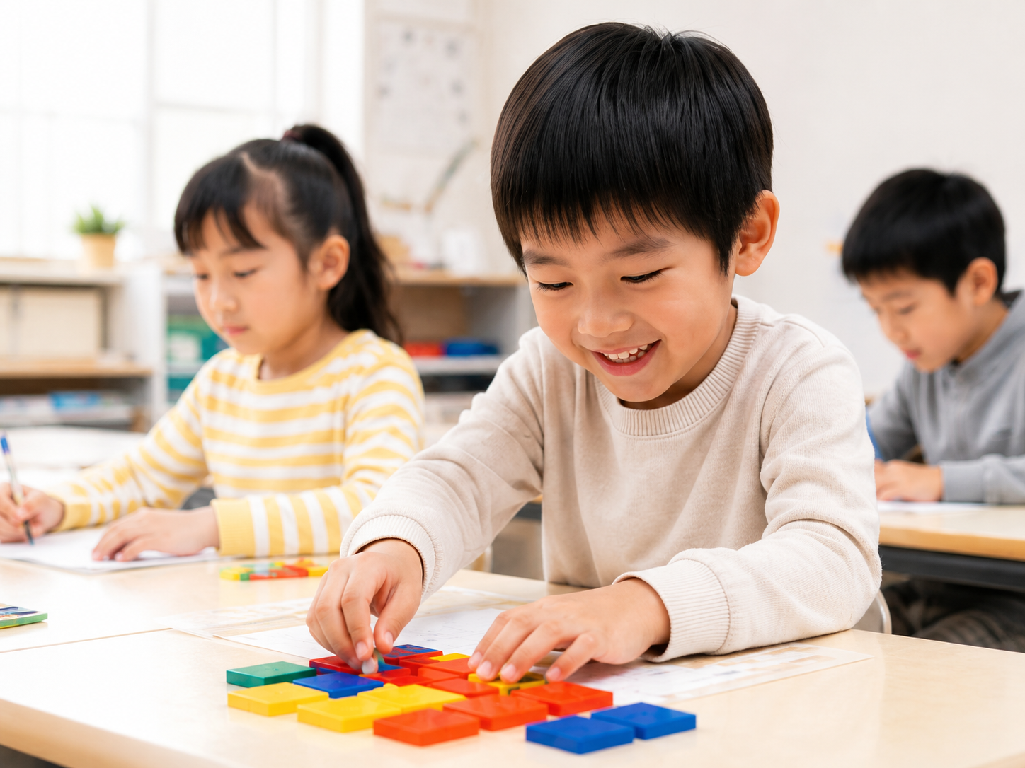 りんご塾 生駒校で算数学習に取り組む子どもたち